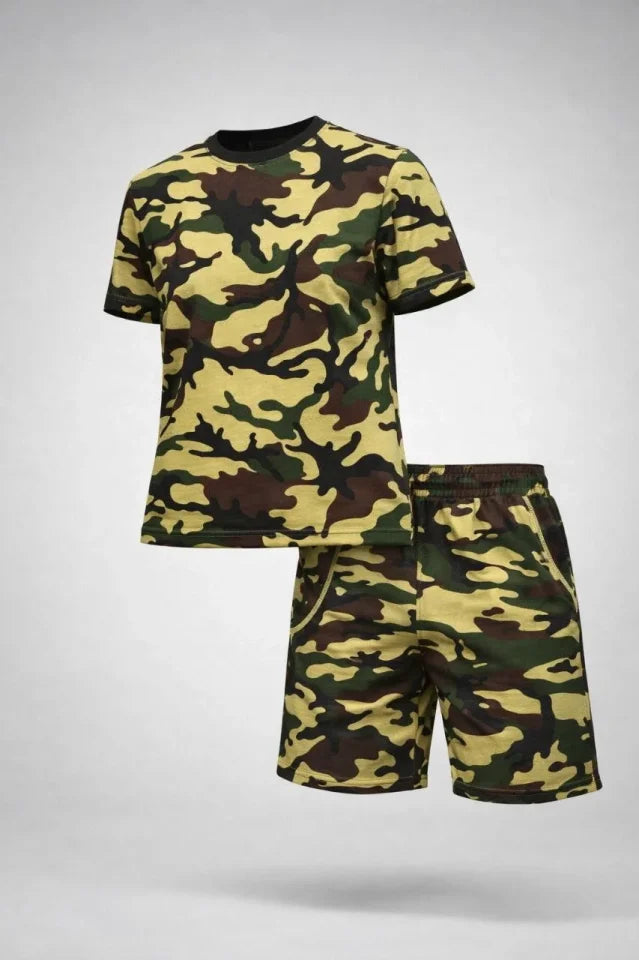 Camouflage Patterned T-Shirt and Shorts Set – Daily Comfortable Fit Summer 2-Piece Combo - Camouflage