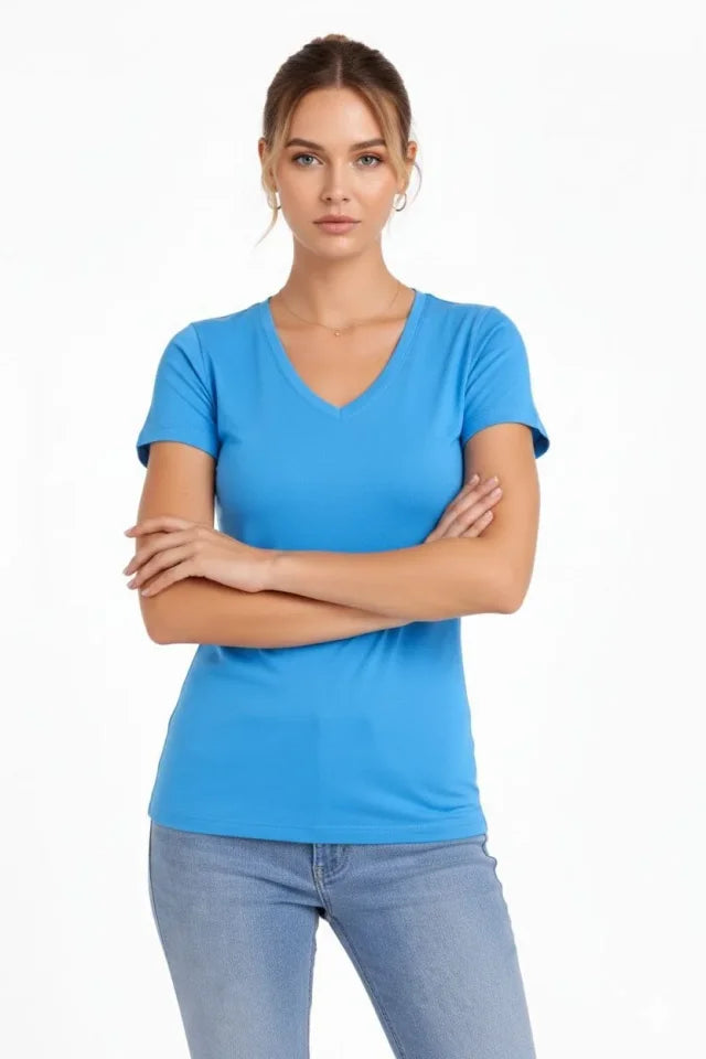 T-Shirt V-Neck Slim Fit Stretchy T-shirt Daily Basic Body - Light Blue
