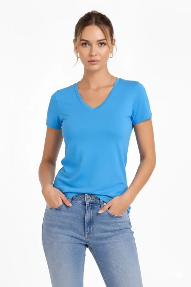 T-Shirt V-Neck Slim Fit Stretchy T-shirt Daily Basic Body - Light Blue