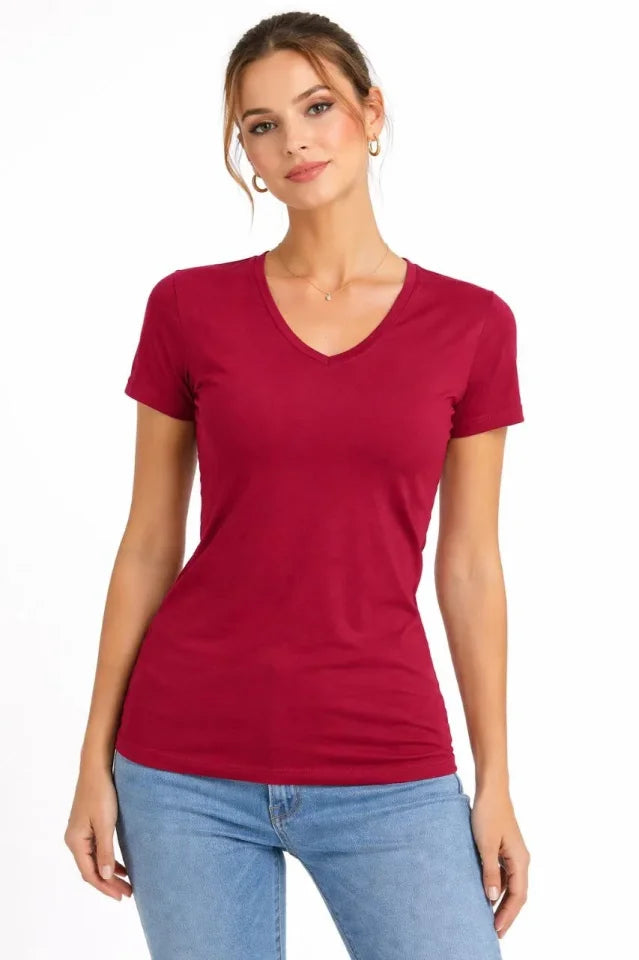 T-Shirt V-Neck Slim Fit Stretchy T-shirt Daily Basic Body - Burgundy
