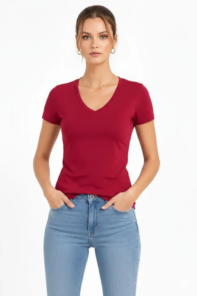 T-Shirt V-Neck Slim Fit Stretchy T-shirt Daily Basic Body - Burgundy