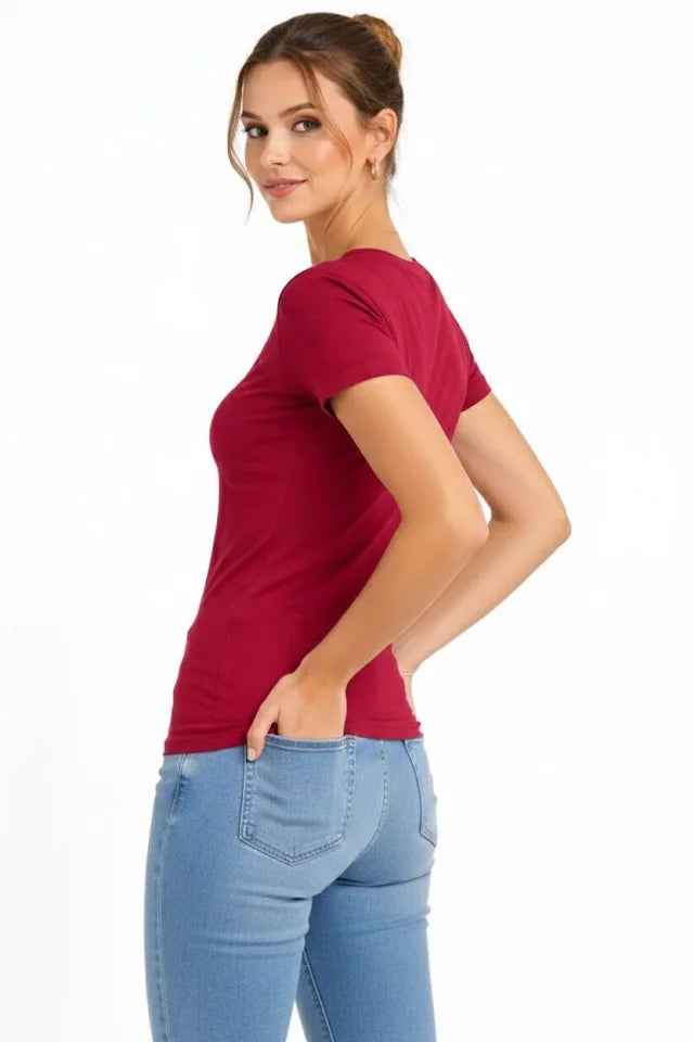 T-Shirt V-Neck Slim Fit Stretchy T-shirt Daily Basic Body - Burgundy