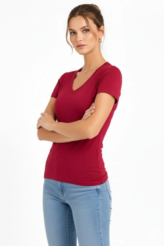 T-Shirt V-Neck Slim Fit Stretchy T-shirt Daily Basic Body - Burgundy