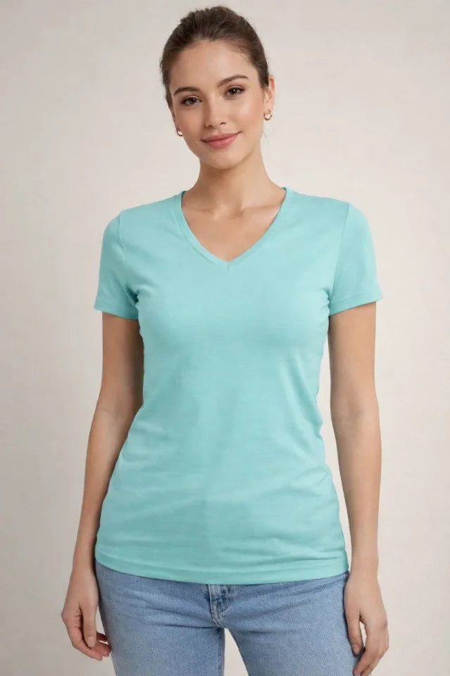 T-Shirt V Yaka Slim Fit Likralı Tişört Günlük Basic Body - Turkuvaz