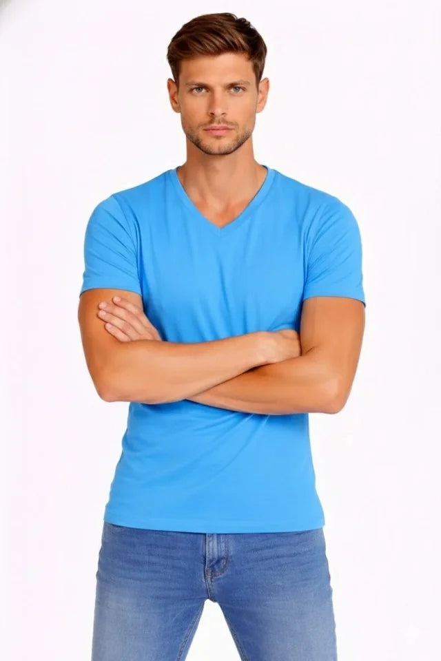 Men's T-Shirt V-Neck Slim Fit Tight Cut Stretchy T-shirt Daily Basic Body - Light Blue