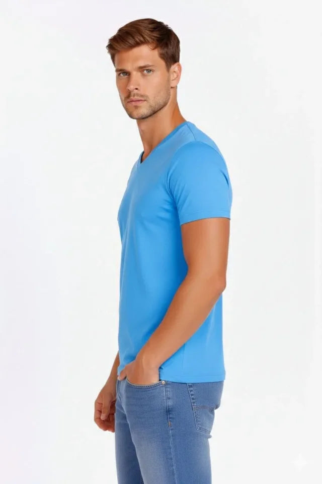 Men's T-Shirt V-Neck Slim Fit Tight Cut Stretchy T-shirt Daily Basic Body - Light Blue