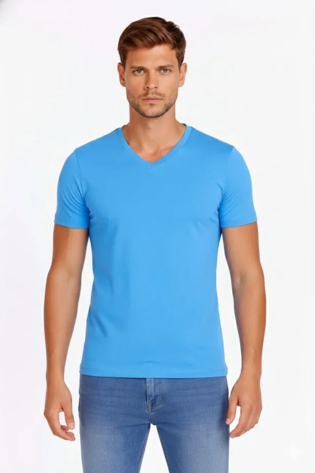Erkek T-Shirt V Yaka Slim Fit Dar Kesim Likralı Tişört Günlük Basic Body - Açık Mavi