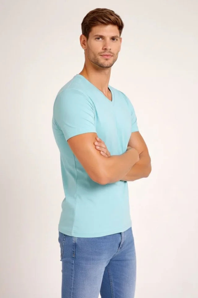 Men's T-Shirt V-Neck Slim Fit Tight Cut Stretchy T-shirt Daily Basic Body - Turquoise