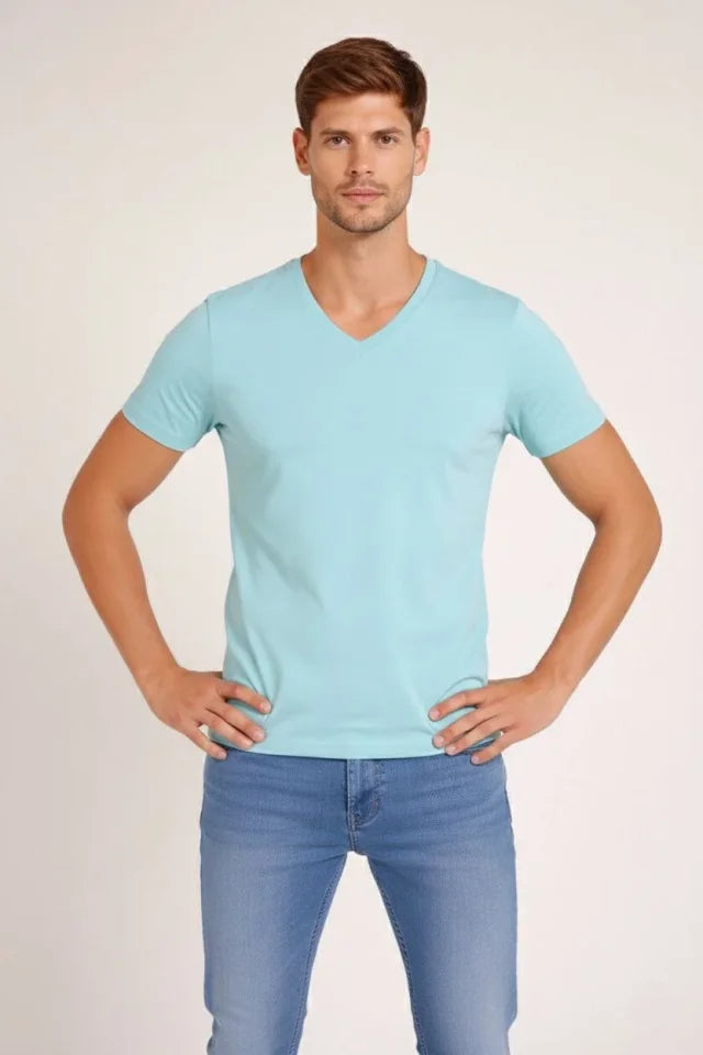 Erkek T-Shirt V Yaka Slim Fit Dar Kesim Likralı Tişört Günlük Basic Body - Turkuvaz