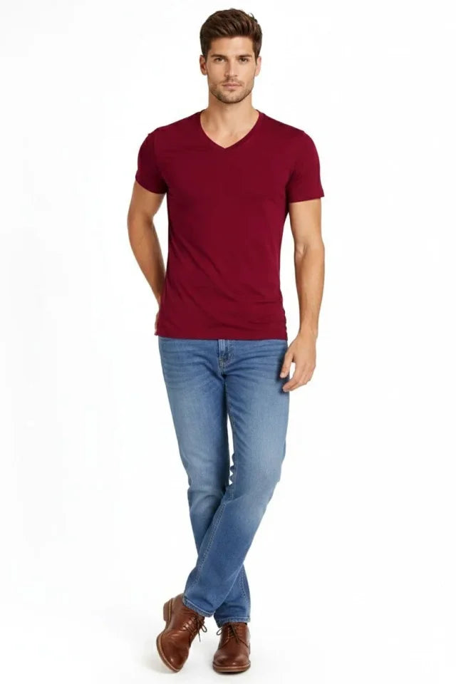 Erkek T-Shirt V Yaka Slim Fit Dar Kesim Likralı Tişört Günlük Basic Body - Bordo