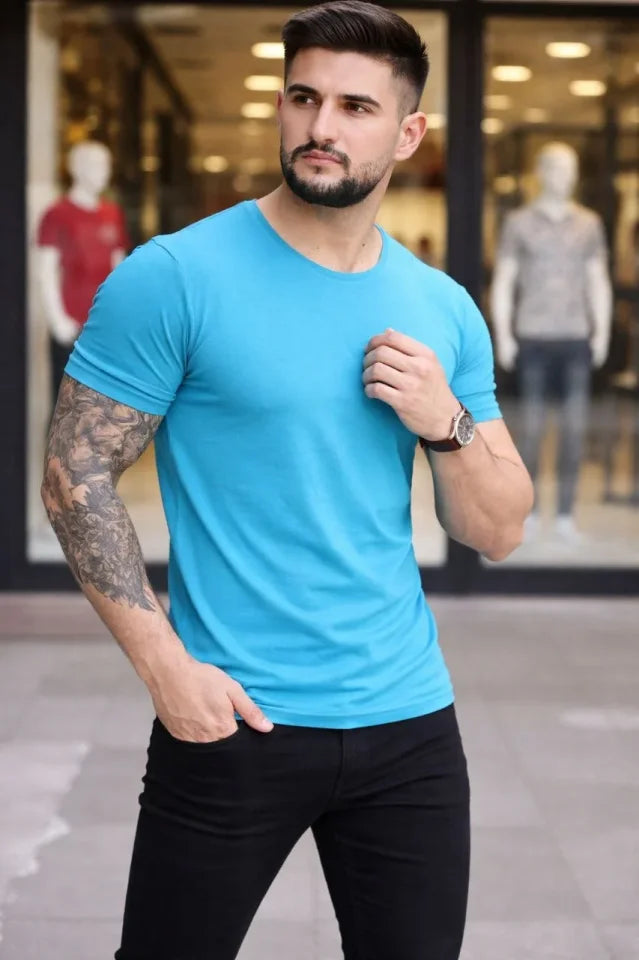 Men's T-Shirt Crew Neck Slim Fit Tight Cut Stretchy T-shirt Daily Basic Body - Light Blue