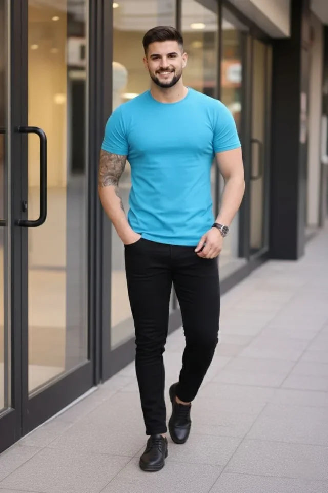 Men's T-Shirt Crew Neck Slim Fit Tight Cut Stretchy T-shirt Daily Basic Body - Light Blue