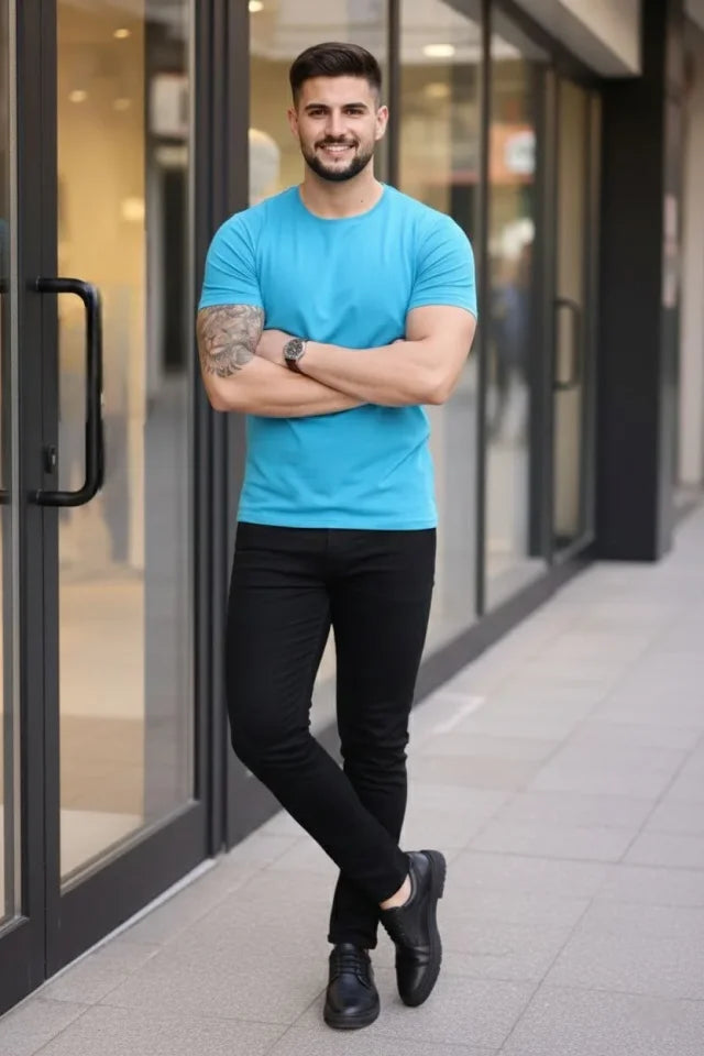 Men's T-Shirt Crew Neck Slim Fit Tight Cut Stretchy T-shirt Daily Basic Body - Light Blue