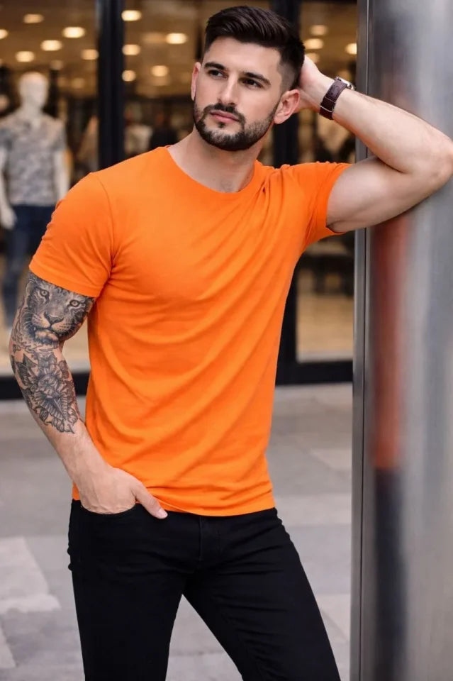 Men's T-Shirt Crew Neck Slim Fit Tight Cut Stretchy T-shirt Daily Basic Body - Orange