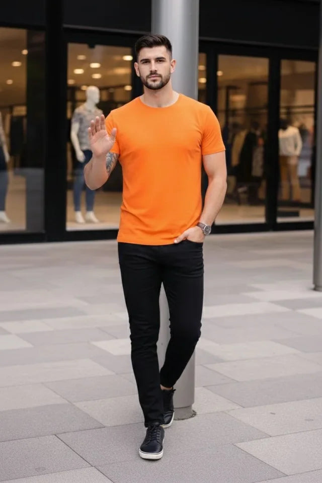 Men's T-Shirt Crew Neck Slim Fit Tight Cut Stretchy T-shirt Daily Basic Body - Orange