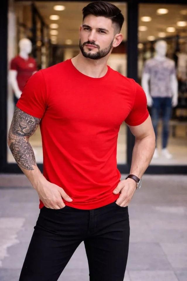 Men's T-Shirt Crew Neck Slim Fit Tight Cut Stretchy T-shirt Daily Basic Body - Red