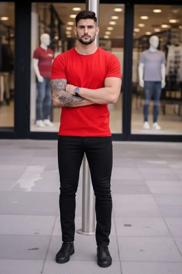 Men's T-Shirt Crew Neck Slim Fit Tight Cut Stretchy T-shirt Daily Basic Body - Red