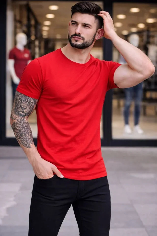 Erkek T-Shirt Bisiklet Yaka Slim Fit Dar Kesim Likralı Tişört Günlük Basic Body - Kırmızı