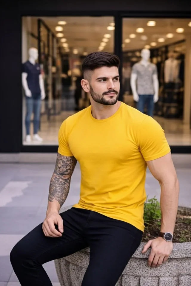 Men's T-Shirt Crew Neck Slim Fit Tight Cut Stretchy T-shirt Daily Basic Body - Yellow
