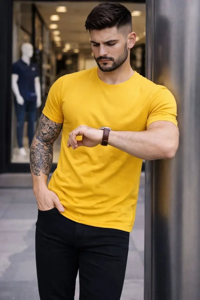 Men's T-Shirt Crew Neck Slim Fit Tight Cut Stretchy T-shirt Daily Basic Body - Yellow