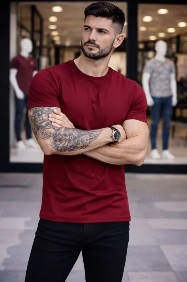 Men's T-Shirt Crew Neck Slim Fit Tight Cut Stretchy T-shirt Daily Basic Body - Burgundy