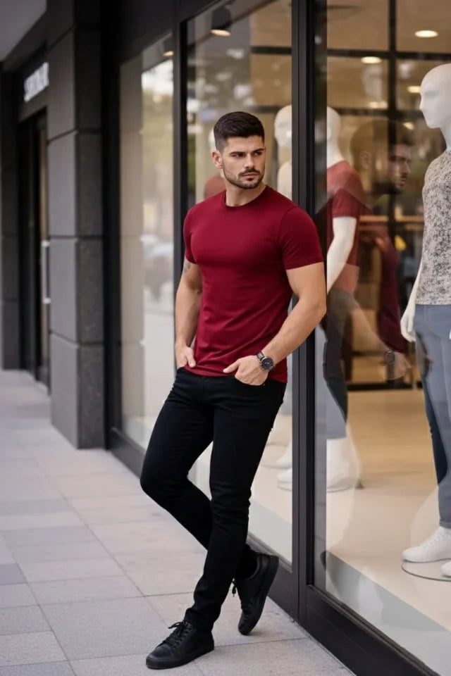 Men's T-Shirt Crew Neck Slim Fit Tight Cut Stretchy T-shirt Daily Basic Body - Burgundy