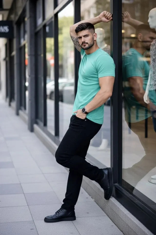 Erkek T-Shirt Bisiklet Yaka Slim Fit Dar Kesim Likralı Tişört Günlük Basic Body - Turkuvaz