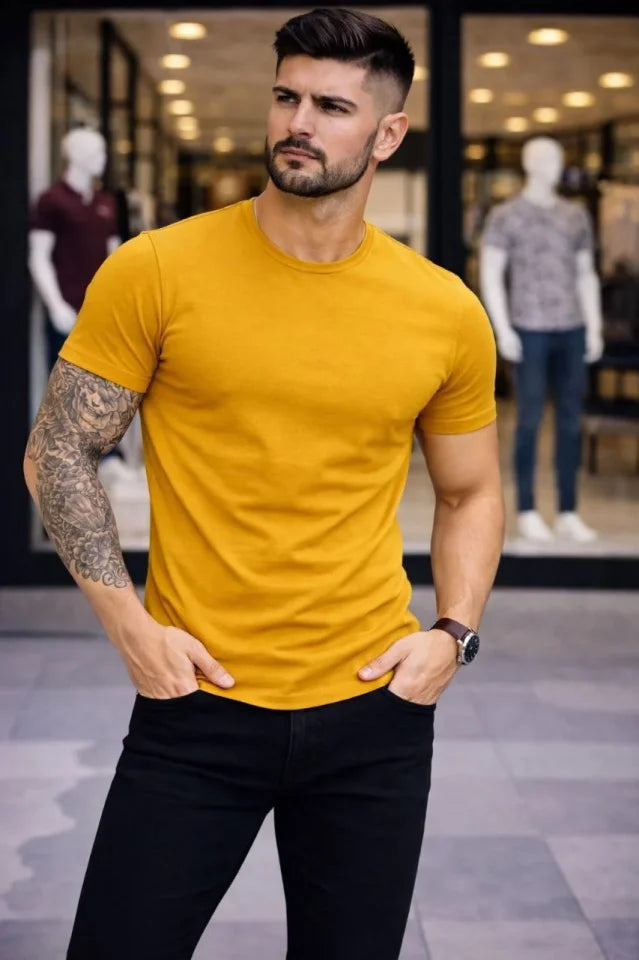 Men's T-Shirt Crew Neck Slim Fit Tight Cut Stretchy T-shirt Daily Basic Body - Lemon