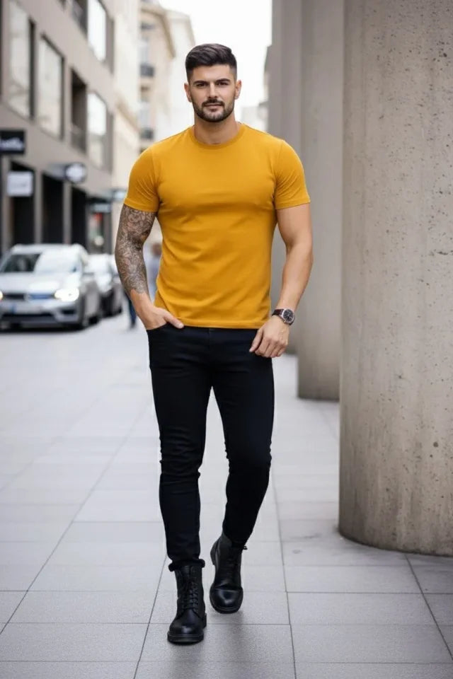 Men's T-Shirt Crew Neck Slim Fit Tight Cut Stretchy T-shirt Daily Basic Body - Lemon