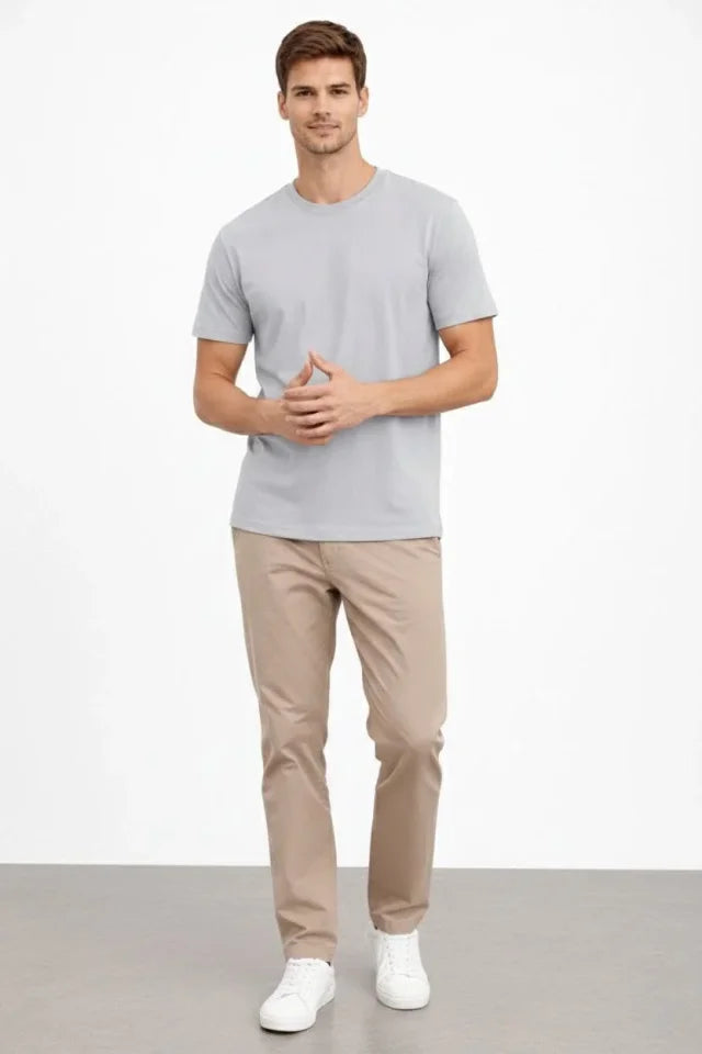 Erkek Bisiklet Yaka Tişört Regular Kalıp Basic Pamuklu Günlük Kullanım T-shirt - Gri