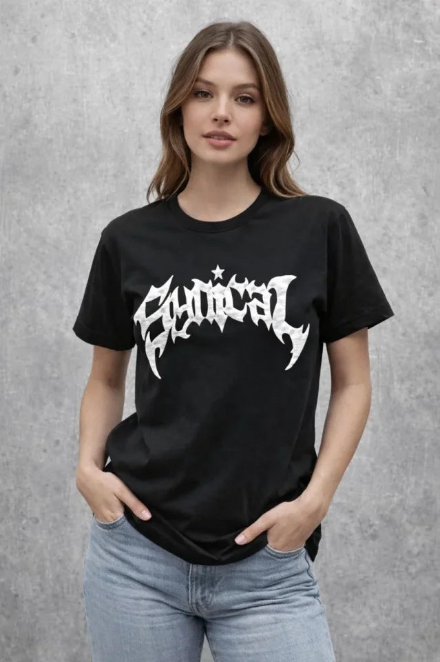 Bisiklet Yaka Ön Baskılı Kısa Kollu Tişört Streetwear Günlük Basic Pamuklu T-shirt - Siyah