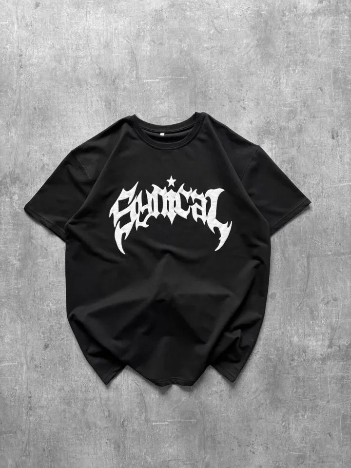 Bisiklet Yaka Ön Baskılı Kısa Kollu Tişört Streetwear Günlük Basic Pamuklu T-shirt - Siyah