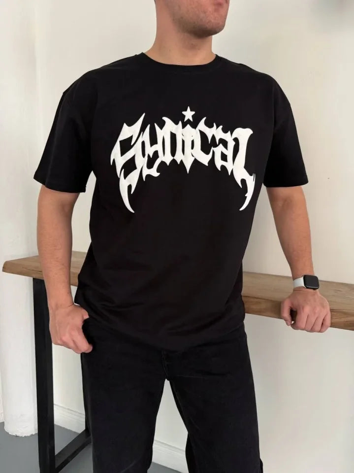 Erkek Bisiklet Yaka Ön Baskılı Kısa Kollu Tişört Streetwear Günlük Basic Pamuklu T-shirt - Siyah