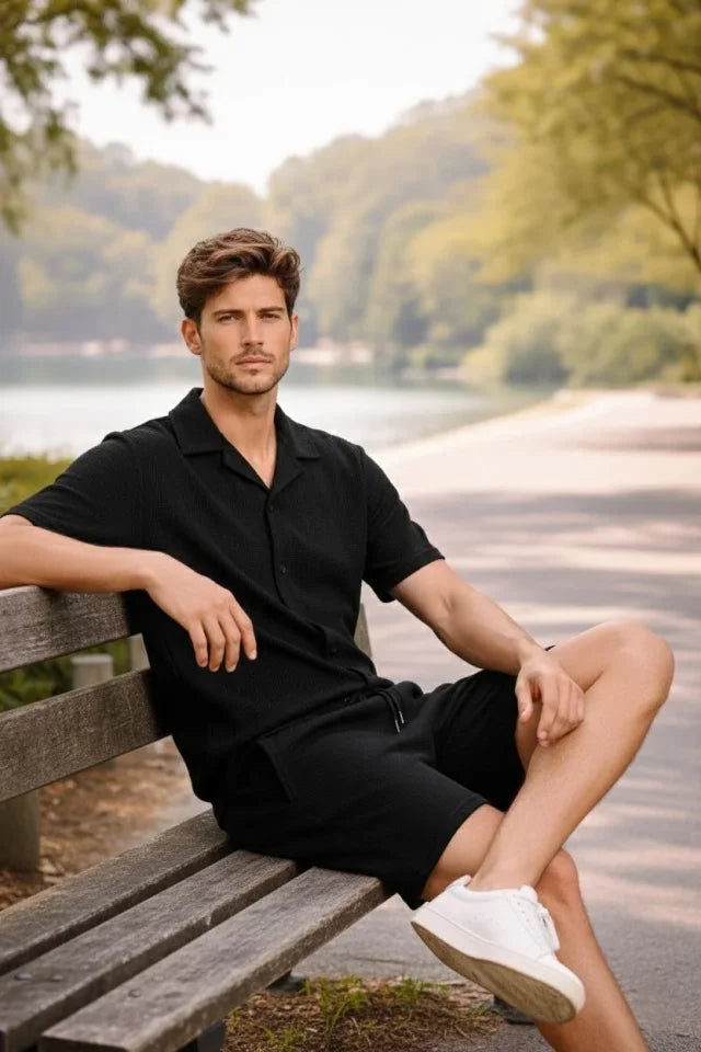 Men's Waffle Fabric Short Sleeve Shirt and Shorts Set Regular Fit Summer Two-Piece Set - Black