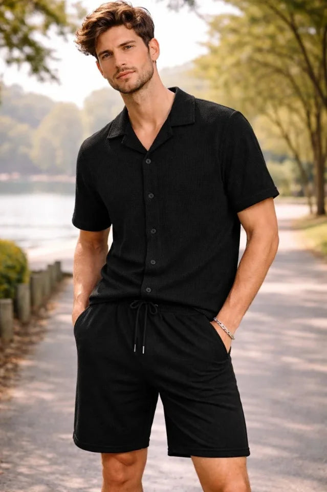 Men's Waffle Fabric Short Sleeve Shirt and Shorts Set Regular Fit Summer Two-Piece Set - Black