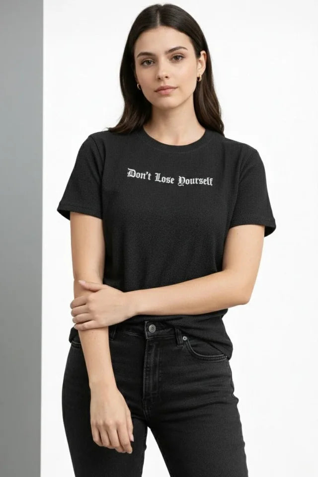 Waffle Fabric T-Shirt Regular Fit Crew Neck Printed Daily Basic T-Shirt - Black