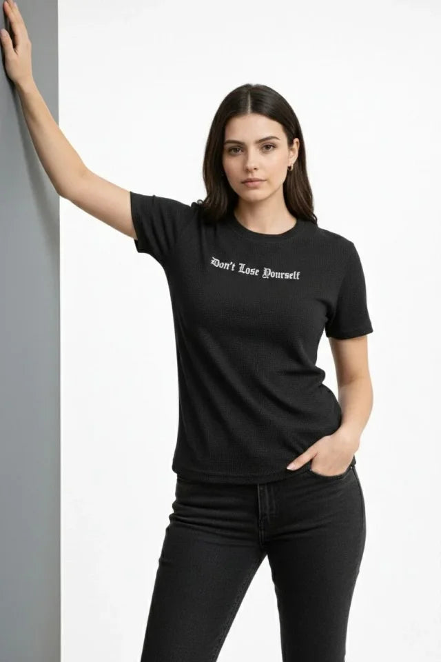 Waffle Fabric T-Shirt Regular Fit Crew Neck Printed Daily Basic T-Shirt - Black