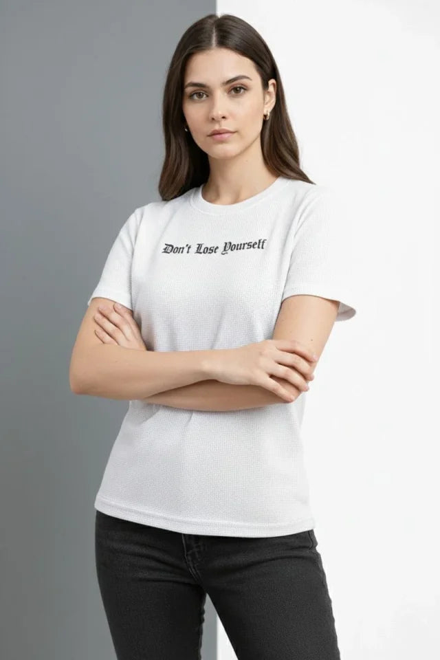Waffle Fabric T-Shirt Regular Fit Crew Neck Printed Daily Basic T-Shirt - White