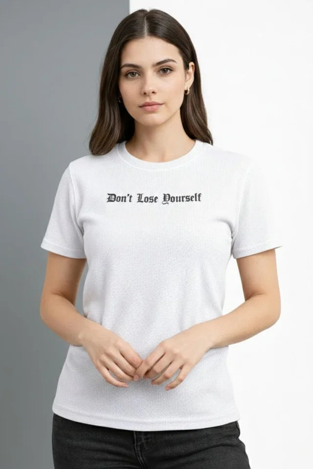 Waffle Fabric T-Shirt Regular Fit Crew Neck Printed Daily Basic T-Shirt - White