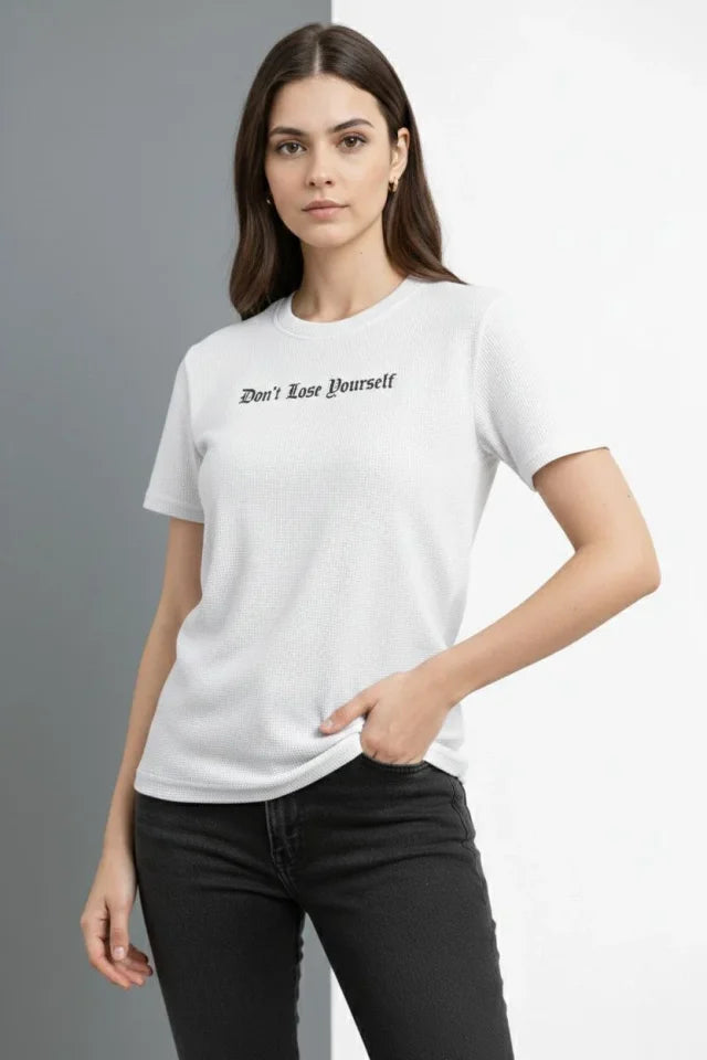 Waffle Fabric T-Shirt Regular Fit Crew Neck Printed Daily Basic T-Shirt - White