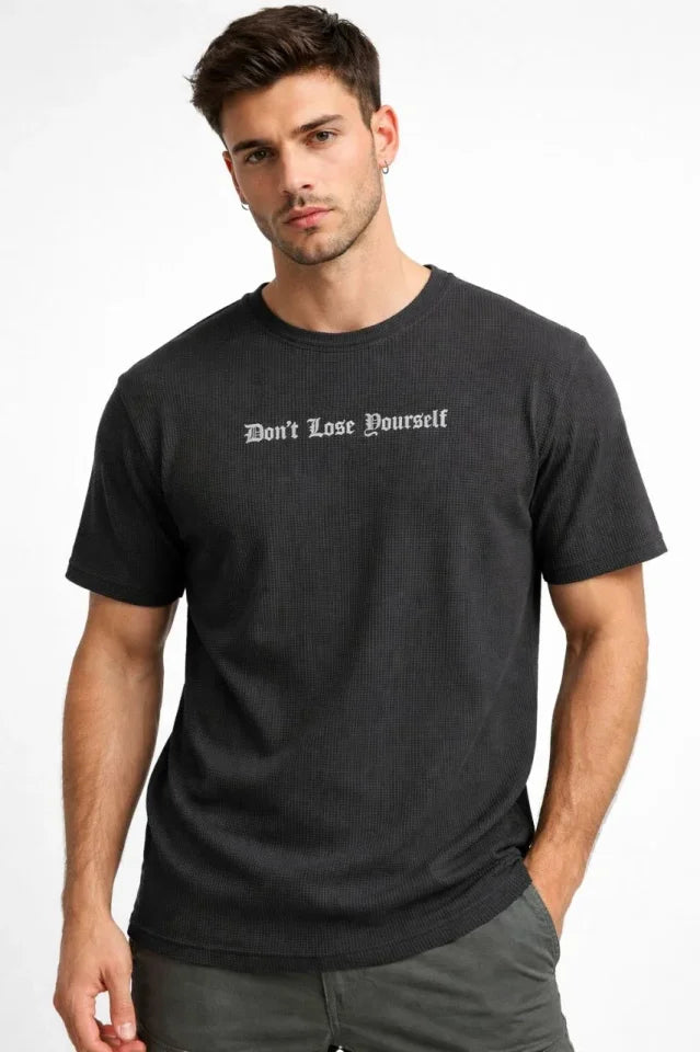 Men's Waffle Fabric T-Shirt Regular Fit Crew Neck Printed Daily Basic T-Shirt - Black