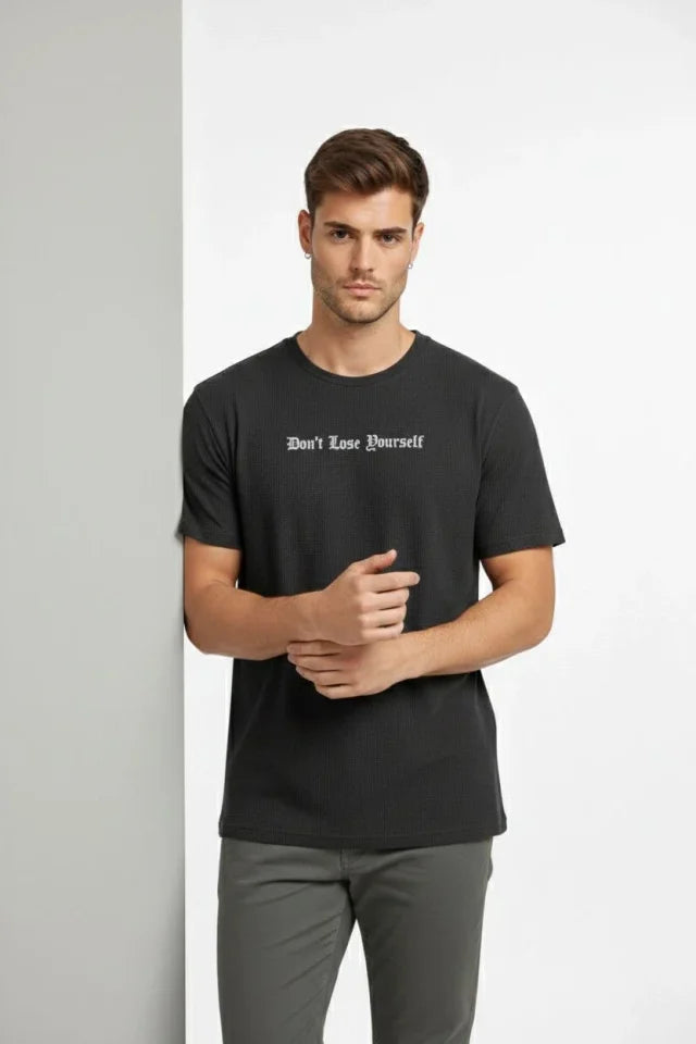 Men's Waffle Fabric T-Shirt Regular Fit Crew Neck Printed Daily Basic T-Shirt - Black