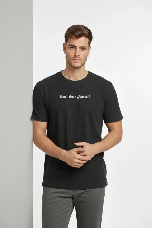 Men's Waffle Fabric T-Shirt Regular Fit Crew Neck Printed Daily Basic T-Shirt - Black