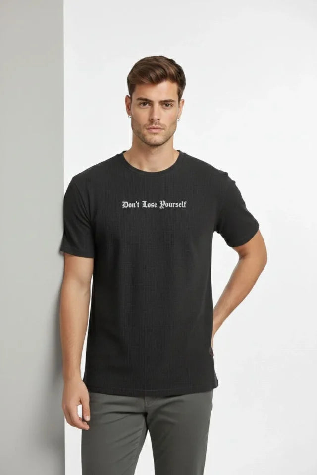Men's Waffle Fabric T-Shirt Regular Fit Crew Neck Printed Daily Basic T-Shirt - Black