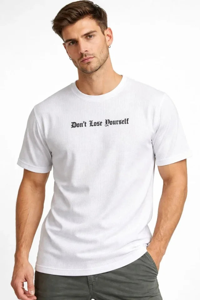 Men's Waffle Fabric T-Shirt Regular Fit Crew Neck Printed Daily Basic T-Shirt - White