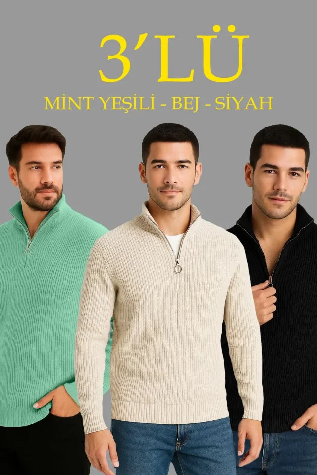 Men's Ribbed Knit Sweater 3-Piece Set – Mint Green, Black, Beige Thick Woven Cotton Regular Fit V-Neck Zippered Long Sleeve Comfortable Winter Sweater Combo