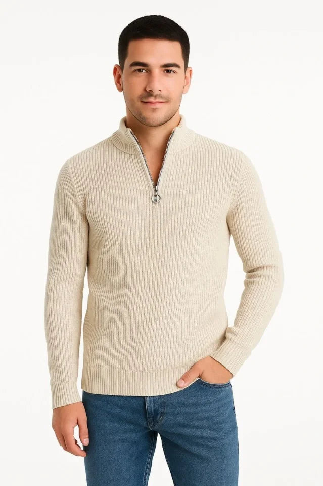 Men's Ribbed Knit Sweater 3-Piece Set – Mint Green, Black, Beige Thick Woven Cotton Regular Fit V-Neck Zippered Long Sleeve Comfortable Winter Sweater Combo