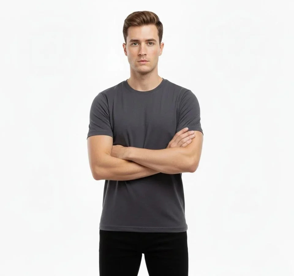 Men's T-Shirt Crew Neck Slim Fit Tight Cut Stretch T-Shirt Daily Basic Body - Charcoal