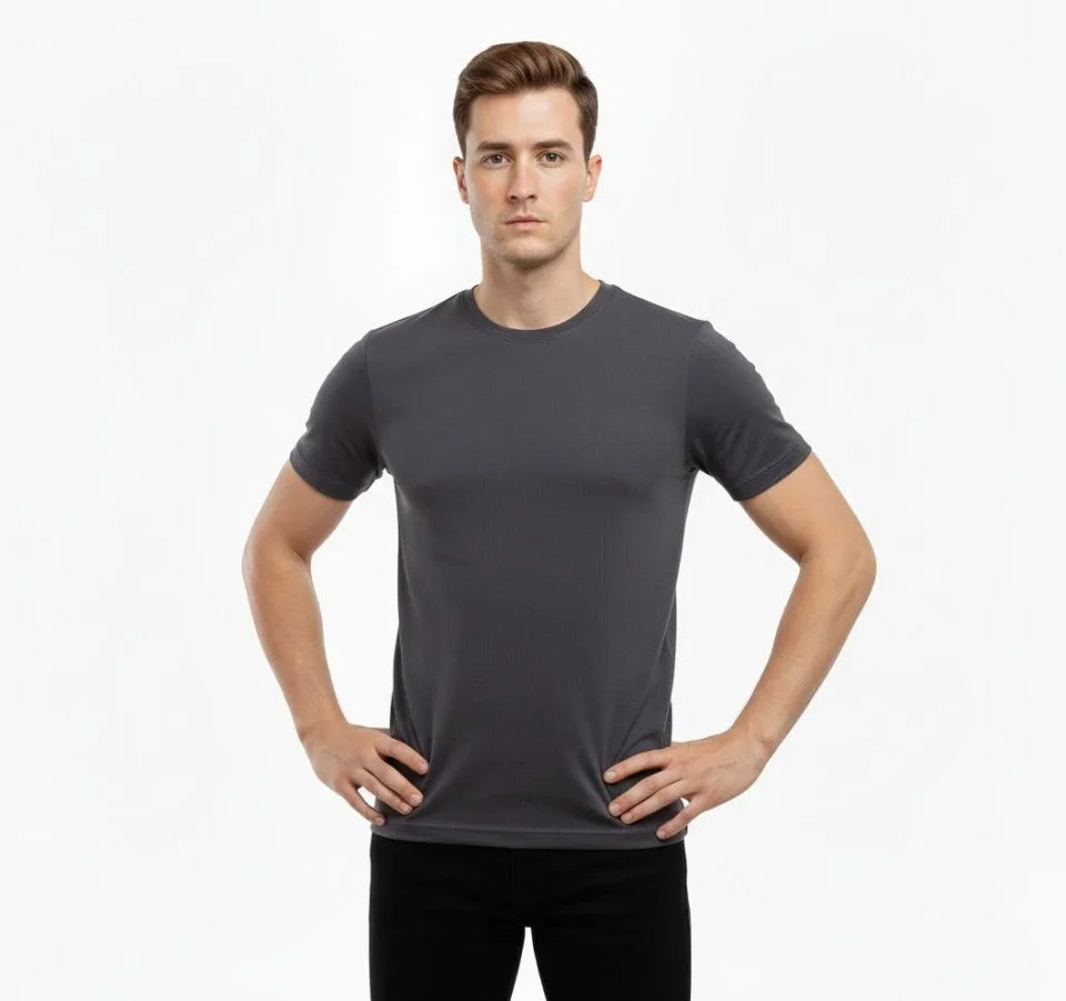 Men's T-Shirt Crew Neck Slim Fit Tight Cut Stretch T-Shirt Daily Basic Body - Charcoal
