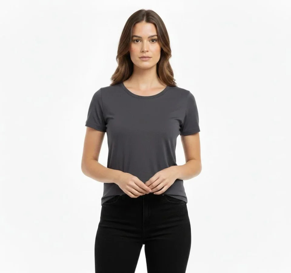 T-Shirt Crew Neck Slim Fit Stretch T-Shirt Daily Basic Body - Charcoal